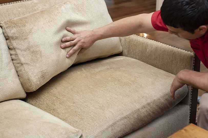 Aladdin employee inspecting upholstery.