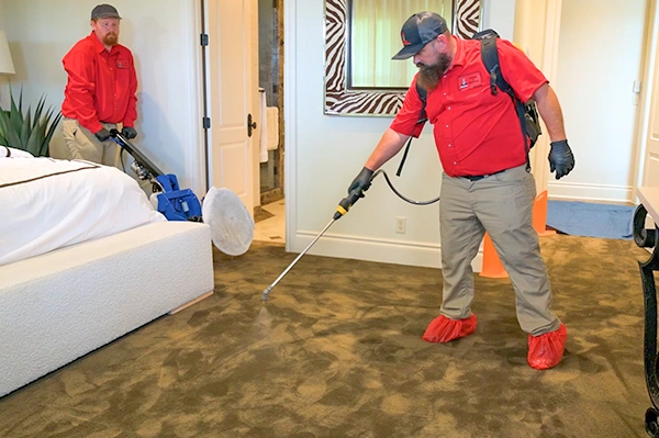 Aladdin technicians spraying carpet to remove odors
