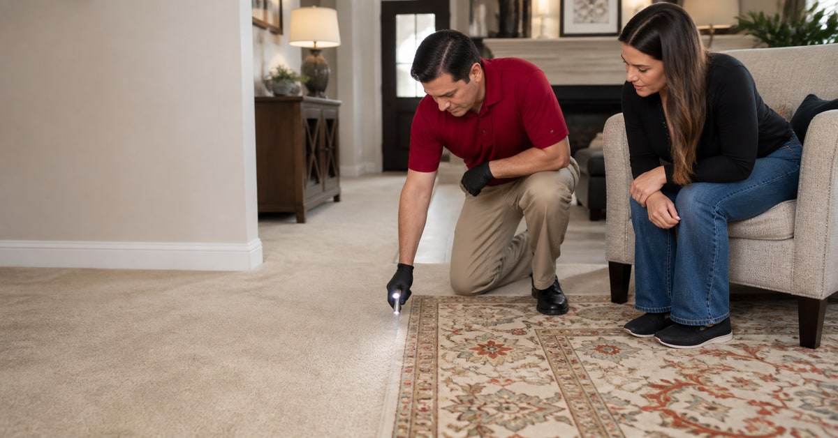 10-sep10-method-blog-featured Professional inspecting the transition between wall-to-wall carpet and a patterned area rug while a homeowner observes.