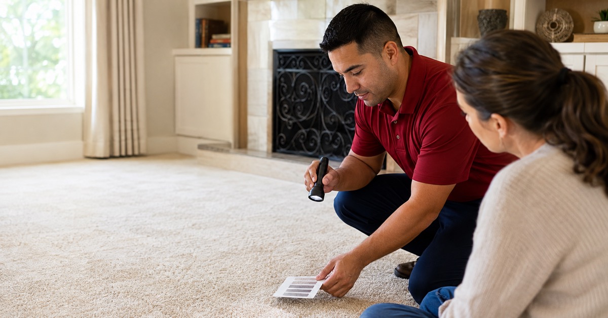Professional examining neutral carpet fibers with an inspection light during a calm in-home assessment.