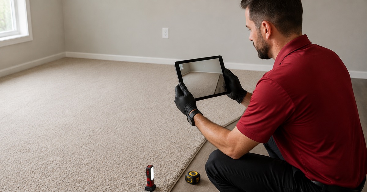 Carpet-cleaning professional documenting a neutral carpeted room before beginning service.