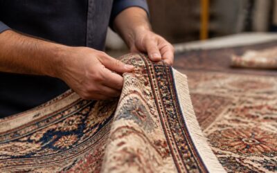 Close view of a rug-care specialist examining the fibers and foundation of a patterned handmade rug.