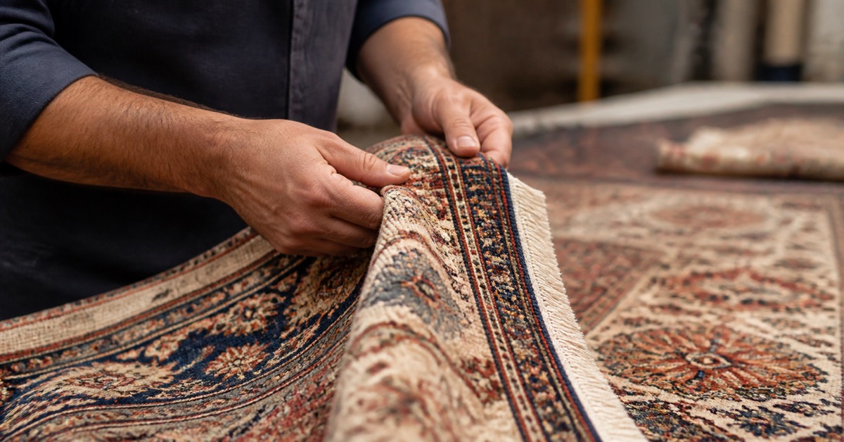Close view of a rug-care specialist examining the fibers and foundation of a patterned handmade rug.